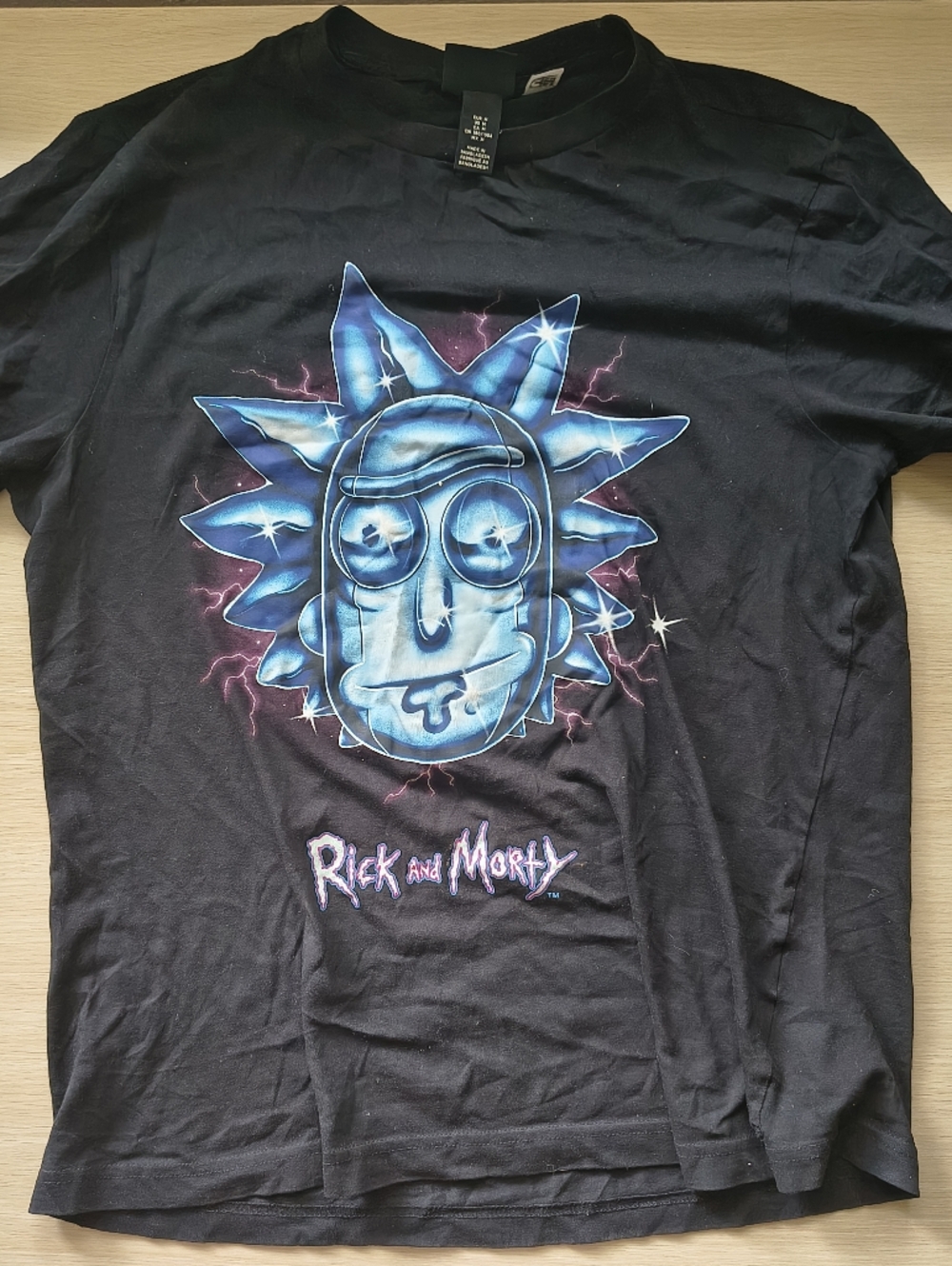 H&M Black Short Sleeve Tee Rick And Morty Rick Blue Metallic Face